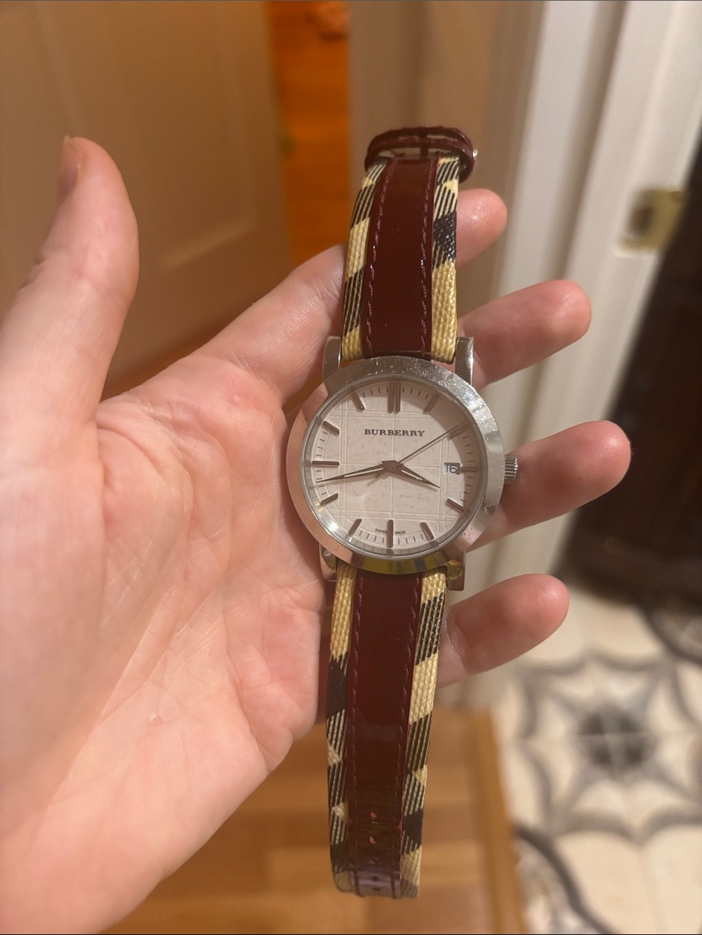 Burberry Women’s Burgundy and Beige Plaid Leather-Strap Watch